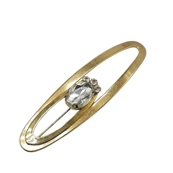 Clear Rhinestone Crystal Oval Bar Brooch Pin Gold Tone Vintage - Picture 1 of 5